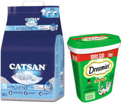 CATSAN 18 l Catsan Hygiene Plus macskaalom+2x350g Dreamies macskamenta macskasnack 15% árengedménnyel