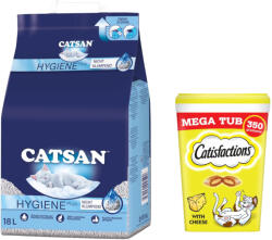 CATSAN 18 l Catsan Hygiene Plus macskaalom+2x350g Dreamies sajt macskasnack 15% árengedménnyel