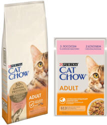 Cat Chow 15kg Purina Cat Chow Adult lazac száraz macskatáp+26x85g Purina Cat Chow lazac nedves macskatáp ingyen