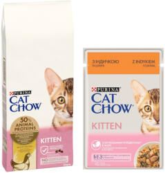 Cat Chow 15kg Purina Cat Chow Kitten csirke száraz macskatáp+26x85g Purina Cat Chow Kitten pulyka nedves macskatáp ingyen