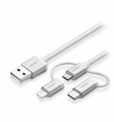 UGREEN Кабел Ugreen 50203, от USB A(м) към USB Micro B(м)/USB C(м)/Lightning(м), 1m, бял (50203)