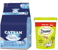 CATSAN Catsan 15% reducere! 18 l Hygiene Plus Așternut igienic + 2 x 350 g Dreamies Megatub - (cca. 9 kg) Ton (2 g)