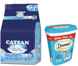 CATSAN Catsan 15% reducere! 18 l Hygiene Plus Așternut igienic + 2 x 350 g Dreamies Megatub - (cca. 9 kg) Somon (2 g)
