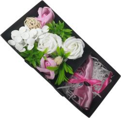 Onore Aranjament floral, trandafiri alb si roz, flori alb, textil, 13 x 11 x 7 cm + Esarfa, roz, microfibra, 48 x 48 cm, model buline
