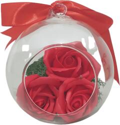 Onore Set cadou femei: Glob terariu, Onore, transparent, sticla, 12 cm diametru + Aranjament floral: 3 Trandafiri, rosu, sapun, pe pat de licheni