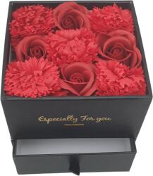 Onore Aranjament floral, trandafiri si garoafe rosu, sapun, 12.5 x 12.5 x 7.5 cm + Sertar bijuterii, 12.5 x. 12.5 x 4.5 cm