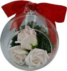 Onore Set cadou femei: Glob terariu, Onore, transparent, sticla, 12 cm diametru + Aranjament floral: 3 Trandafiri, alb, sapun, pe pat de licheni