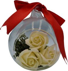 Onore Set cadou femei: Glob terariu, Onore, transparent, sticla, 12 cm diametru + Aranjament floral: 3 Trandafiri, crem, sapun, pe pat de licheni
