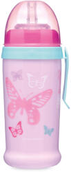 Canpol Babies Sport Cup - Szívószálas ivópohár kupakkal 350 ml 12 hó+ (rózsaszín, lepkék)