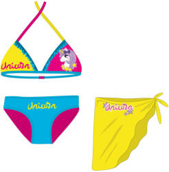  Unikornis fürdőruha szett - bikini háromszög felsőrésszel+szoknya kislányoknak - türkizkék-pink-sárga - 122