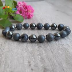 Kristály Jóga Shop Larvikit, hematit, matt hematit 8 mm-es karkötő, nemesacél köztesekkel