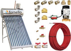Fornello Pachet panou solar nepresurizat Fornello pentru producere apa calda, cu rezervor inox 100 litri, 12 tuburi vidate, vas flotor 5 litri, pompa ridicare presiune, teava hidronix si fitinguri montaj (pach