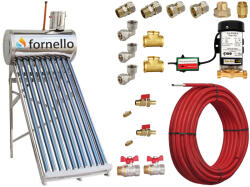 Fornello Pachet panou solar nepresurizat Fornello pentru producere apa calda, cu rezervor inox 82 litri, 10 tuburi vidate, vas flotor 5 litri, pompa ridicare presiune, teava hidronix si fitinguri montaj (pache