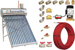 Fornello Pachet panou solar nepresurizat Fornello pentru producere apa calda, cu rezervor inox 122 litri, 15 tuburi vidate, vas flotor 5 litri, pompa ridicare presiune, teava hidronix si fitinguri montaj (pach