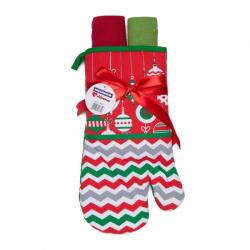 Heinner Kitchen glove set for Christmas 3-pieces Red The set contains a kitchen glove 18x28 cm (polyester) and 2 kitchen towels size 38x (HR-3KS-XMASR)