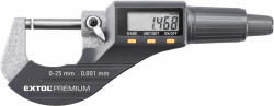 EXTOL digitális mikrométer; felbontásmérési tartomány: 0, 00125 mm, keményfém mérőfelület, pontosság 0, 002 mm