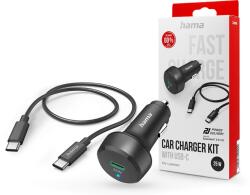Hama szivargyújtó töltő adapter Type-C bemenettel + Type-C - Type-C kábel - 25W - HAMA Car Charger Kit with USB-C - fekete (201614) (201614)