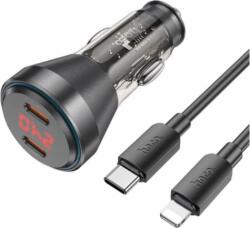 hoco. 2x USB-C Autós töltő + Lightning kábel - Átlátszó/Fekete (60W)