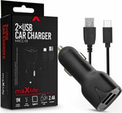 MaxLife MXCC-01 Autós 2xUSB gyorstöltő (5V / 2.4A) + USB-A - USB-C töltőkábel 1m - Fekete (TF-0017)
