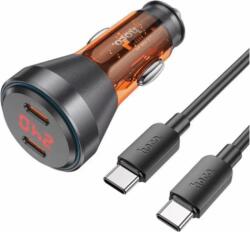 hoco. 2x USB-C Autós töltő + USB Type-C kábel - Átlátszó/Narancssárga (60W)