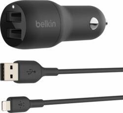 Belkin Autós 2xUSB töltő 24W + USB - Lightning töltőkábel - Fekete (CCD001BT1MBK)
