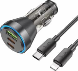 hoco. NZ12D USB-A / 2x USB-C Autós töltő + Lightning kábel - Átlátszó/Fekete (60W)