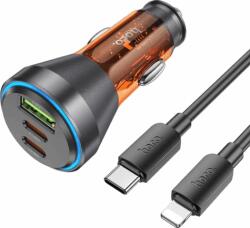 hoco. NZ12D USB Type-A / 2x USB Type-C Autós töltő + Lightning kábel - Átlátszó/Narancssárga (60W)