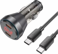 hoco. NZ12C 2x USB-C Autós töltő + USB Type-C kábel - Átlátszó/Fekete (60W)