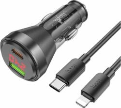 hoco. NZ12B USB-A / USB-C Autós töltő + Lightning kábel - Átlátszó/Fekete (48W)