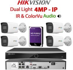 Hikvision KIT 4 Camere video IP PoE, 4MP Dual Light IR si ColorVu, IR 30m, WL 30m, 2.8mm, Microfon, NVR PoE, HDD 1TB, HIKVISION - KIT4CHAHIP-4A24IRWL-WDT1