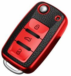 Védőtok Škoda/Volkswagen/Seat gépkocsikulcsokhoz, kilökő kulccsal, piros színben