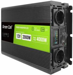 Green Cell Power Inverter LCD feszültség átalakító kijelzővel 12V-tól 230V-ig, 2000W/4000W, tiszta szinusz hullámmal (INVGC12P2000LCD)