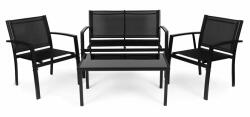 Kerti bútor szett, asztal (90×50 cm) ülőpaddal, 2 db fotellel, tömör fémszerkezet, fekete