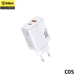 Inkax C05 PD+QC 3.0 30W PD Hálózati Töltőfej + Lightning 1M Adatkábel - Fehér