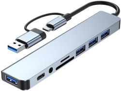 Hubpro - 8in1 USB/Type-C HUB, USB, Type-C, Memórikártya, Jack, 5Gbps adatátvitel, Fekete (BYL-2218TU)