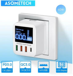 EMOS LED kijelzős USB hálózati fali töltő (ASOMETECH-USB-40W)