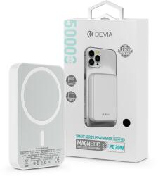 DEVIA Univerzális hordozható akkumulátor töltő - Devia Kintone Series V2 PD20W Magnet Wireless Charging Power Bank - Lightning + Type-C - 5000 mAh - fehér (ST362606) (ST362606)