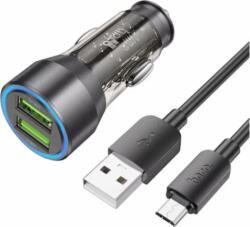 hoco. NZ12 2x USB-A Autós töltő + Micro USB kábel - Átlátszó/Fekete (36W)