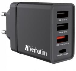 Verbatim Hálózati töltő, 1xUSB-C PD (20W), USB-A QC 3.0, 2xUSB-A (10W), VERBATIM, fekete (49700) - irodaszermost