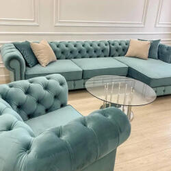 MobAmbient Colțar realizat în stil Chesterfield verde pastel - model WAVE