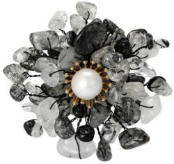 Eva Grace Brosa Tamia, neagra, cu forma florala, decorata cu cristale naturale si perla