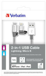 Verbatim USB kábel (2.0), USB A csatlakozó - microUSB csatlakozó Apple Lightning csatlakozó, 1m, ezüst, doboz, 48869, 2 az 1-ben - állítható