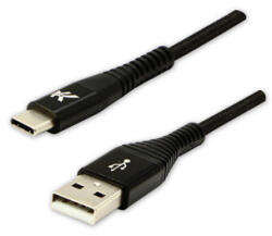 Logo USB kábel (2.0), USB A hím - USB C hím, 2m, 480 Mbps, 5V/3A, fekete, doboz, nejlonfonat, alumínium csatlakozóburkolat