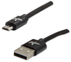 Logo USB-kábel (2.0), USB A hím - microUSB hím, 2 m, 480 Mb/s, 5 V/1 A, fekete, dobozban, nejlon szövetborítás, alumínium csatlakozóburkolat,