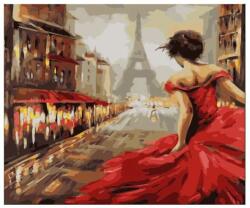  Számos festővászon keretben festékkel és ecsettel Piros ruhás nő Párizsban 30x40 cm (SZES391) (SZES391)