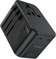 Choetech USB-C2+A (65W, fekete, travel, US, UK, EU, AU), töltő