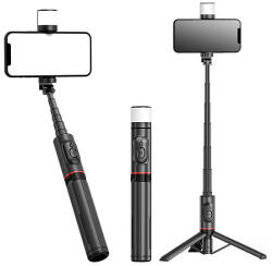 Techsuit - Selfie Stick (Q12S) - Stabil állványtartó Bluetooth távirányítóval és LED lámpával, 77 cm - Fekete (KF2311041)
