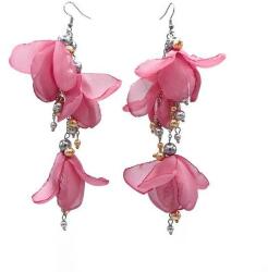 Zia Fashion Cercei foarte lungi voluminosi cu flori din voal, culoarea roz pudrat, perle si inox, Lovely, Corizmi