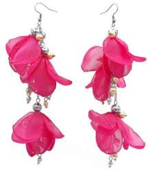 Zia Fashion Cercei foarte lungi voluminosi cu flori din voal, culoarea roz aprins, perle si inox, Lovely, Corizmi