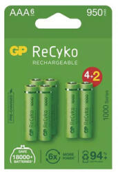 GP Batteries Újratölthető akkumulátor, AAA (HR03), 1, 2 V, 950 mAh, GP, papírdoboz, 6-os csomag, ReCyko